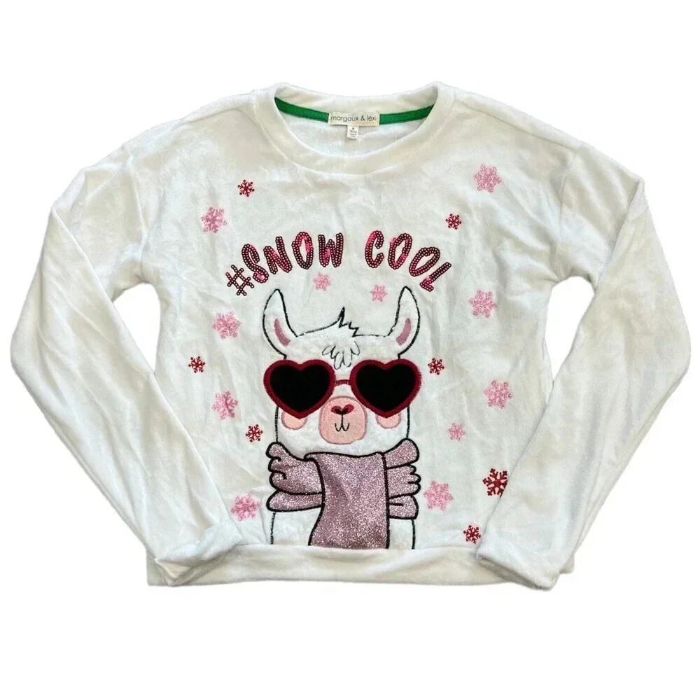 Margaux & Lexi White Cool Llama Fuzzy Sweater 10-12
